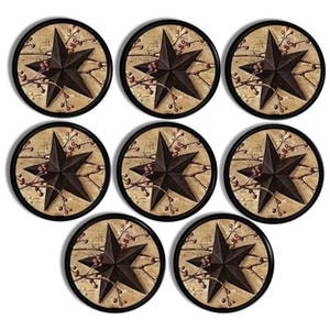 May include: Set of eight round coasters featuring a rustic design with a black five-pointed star on a beige background with brown branches and red berries.