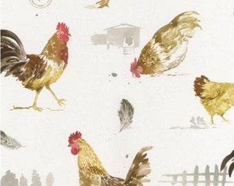 Country Farm Animal Chicken Wallpaper – Farmhouse Rooster Hen Kitchen Backsplash, Modern Rustic Cottage Laundry Room – By The Yard FK34433so