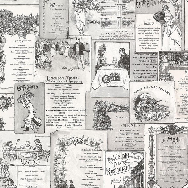 Vintage Country French Kitchen Wallpaper – Paris Café Menu, Antique Newsprint Laundry, Parisian Ad Bistro Restaurant – By The Yard FK26953so