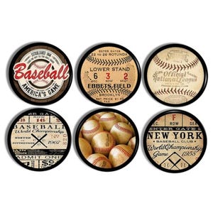 May include: Six round coasters with a baseball theme. The coasters feature vintage baseball ticket designs, a baseball with the words "Baseball America's Game", and a pile of baseballs.
