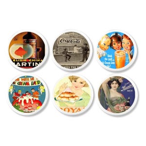 May include: A collection of six circular coasters, each displaying a vintage advertisement. The designs include a Martini bottle, Coca-Cola, orange juice, ice cream, pastries, and beer. Each coaster has a white border.
