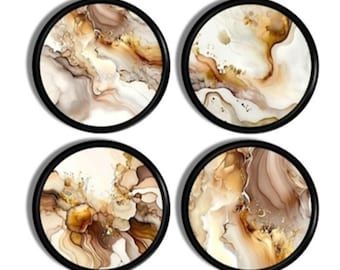 Neutral Stone Look Cabinet Knobs • Brown Beige Marble Fluid Art Drawer Pulls • Modern Organic Decor Accent Hardware • Set of 4 • 226B19 #2 .