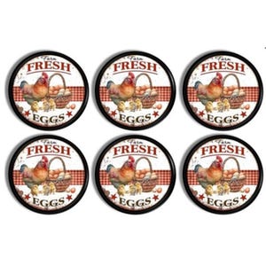 May include: Six circular coasters with a black edge. Each coaster displays a hen, a basket of eggs, and chicks against a red and white checked backdrop. The words "Farm Fresh Eggs" are printed on each coaster.