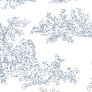 Blue White Scenic Colonial Toile Wallpaper – Country French Antique Home Decor, Vintage Victorian Cottage Bathroom - 12"x9" Sample CH22510so