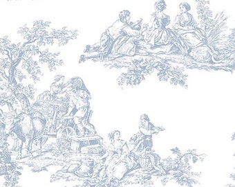Blue White Scenic Colonial Toile Wallpaper – Country French Antique Home Decor, Vintage Victorian Cottage Bathroom - 12&quot;x9&quot; Sample CH22510so
