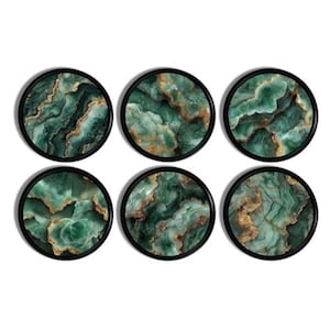 Emerald Green Fluid Art Cabinet Knobs – Teal & Gold Mineral Swirl Agate Print Drawer Pulls, Earthy Luxe Stone Look, Set of 4 or 6 226A18 .