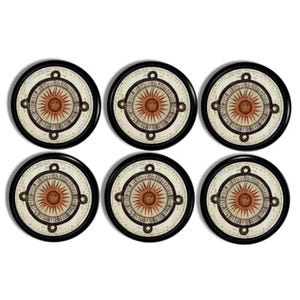 May include: Six round coasters with a black border. Each coaster features a sun design in the center, with a cream-colored background and a decorative border. The sun design is in shades of orange and brown.