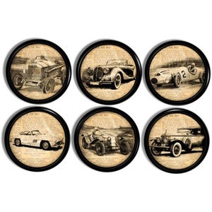 Antique Car Newsprint Dresser Drawer Pulls, Vintage Automobile Mancave Furniture Knob, Manly Workshop Garage Cabinet Door Hardware 417D25 R2
