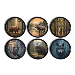 May include: Six round decorative items featuring wildlife scenes. The images include a bear, moose, deer, owl, eagle, and wolf, each set against a forest backdrop. The items have a black border.