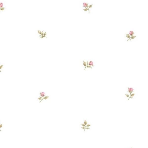 Mini Stemmed Rose Toss on White - Shabby Cottage, Floral, Garden, Chic Country, Petite Print - Wallpaper By The Yard - CG28872 so