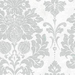 Gray Damask on Marbled White Wallpaper, Large Scale Contemporary Wall Decor, Modern Gray Silver Dining Room - Sold By The Yard MD29419 so