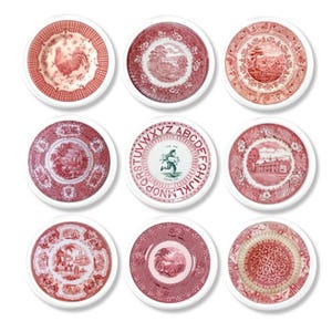 May include: Nine round coasters with white rims and various red and white vintage plate designs. The designs include a rooster, landscapes, and an alphabet with a figure. These coasters are ideal for protecting surfaces.
