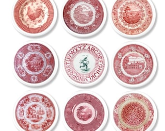 Red Toile Plate Print Kitchen Cabinet Knobs, Antique French Country Cottage Decor, Transferware Inspired Vintage Drawer Pull 915A10 R2.