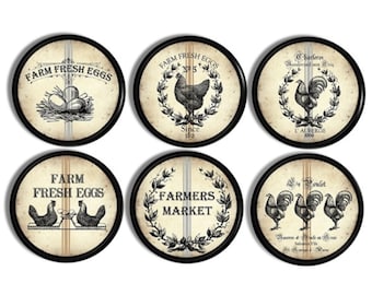 Rustic Rooster Cabinet Knob Set • Country Drawer Pull, Barnyard Hen Chicken • Flour Grain Sack, Vintage Kitchen Cupboard Handle • 317F16 #1.