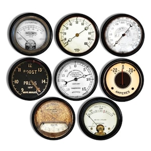 May include: Nine vintage-style gauges with black rims and white faces. The gauges display various measurements, including potential, pressure, and volts. Some gauges have a cream-coloured background. The image is on a white background.