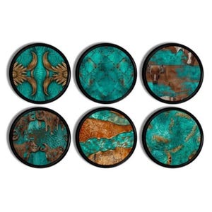 May include: Six round coasters with a turquoise and brown design. The coasters feature different patterns, including a geometric design, a swirling pattern, and a rustic wood look.
