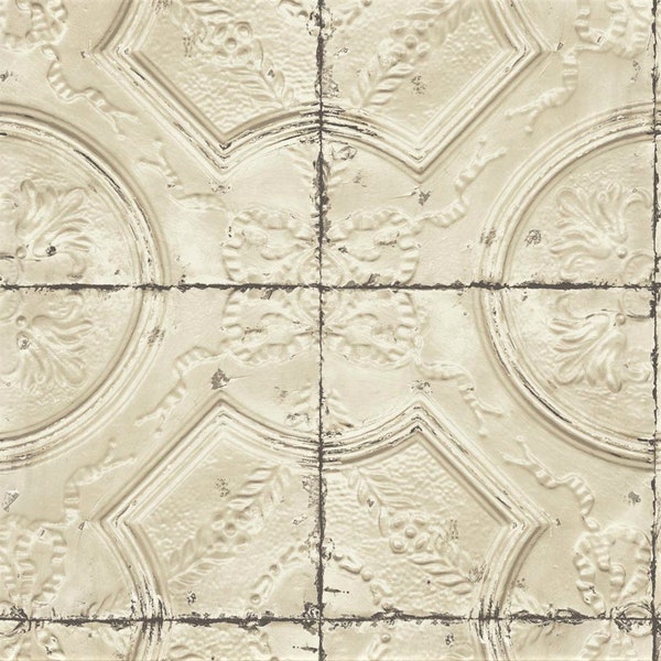 Faux Stamped Tin Tile Texture Wallpaper - Salvaged Look Farmhouse Ceiling, Old Rustic Primitive Country Kitchen - 12"x9" Sample 3115-12434so