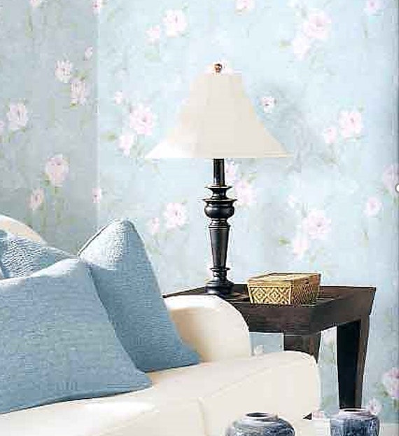 Soft Pale Pink Floral Wallpaper, Light Pastel Blue Sponge Texture Look,  Faded Peony Flower Baby Nursery Feature Wall by the Yard AB27664 