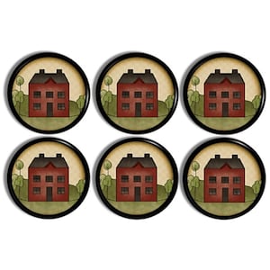 May include: Set of six round coasters featuring a red house with white windows and a black roof against a beige background with green trees. The coasters have a black border.
