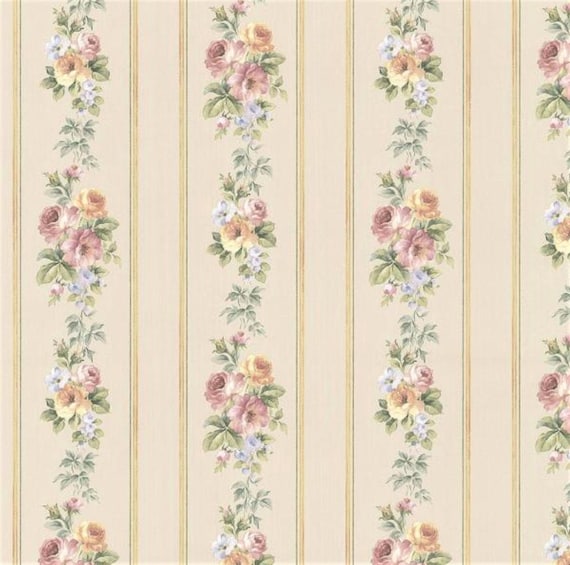 Handpainted Floral Stripe Wallpaper – Vintage Country Cottage, Shabby Rose  Garden Bouquet, Antique Victorian Bathroom -By The Yard CN24640so