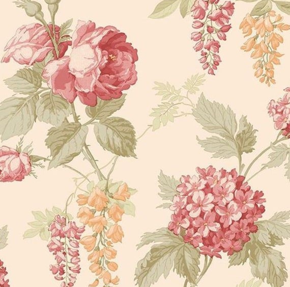 Vintage Botanical Garden Floral Wallpaper Shabby Cabbage Rose  