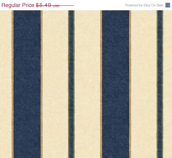 Blue Cream Beige Wide Stripe Wallpaper with small Green and