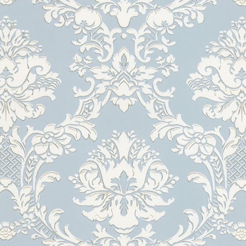 White Fl Scrolling Trellis Damask Wallpaper Vintage Victorian Powder Room Light Blue French Country Kitchen By The Yard Sd25646 So