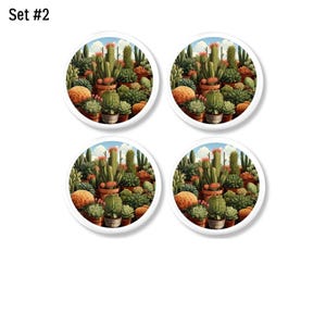 May include: Set of four round coasters featuring a detailed illustration of a desert cactus garden. The coasters have a white border and the text "Set #2" is in the upper left corner.