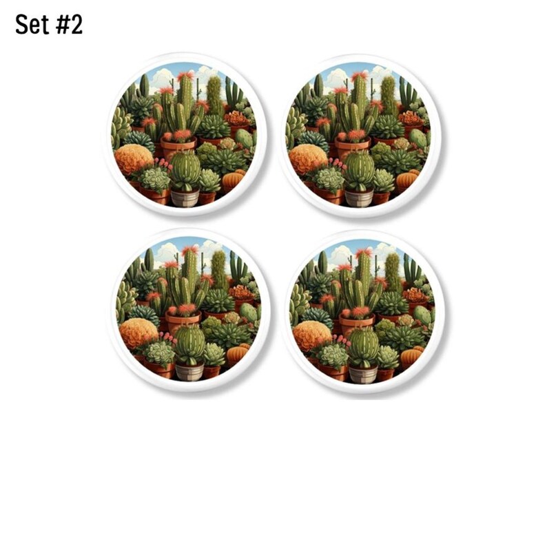 May include: Set of four round coasters featuring a detailed illustration of a desert cactus garden. The coasters have a white border and the text "Set #2" is in the upper left corner.