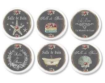 French Bathroom Cabinet Knobs • Vintage Parisian Bath Drawer Pulls • Charcoal Look Floral Cottage Hardware • Set of 6 • 417B37 R2 x.