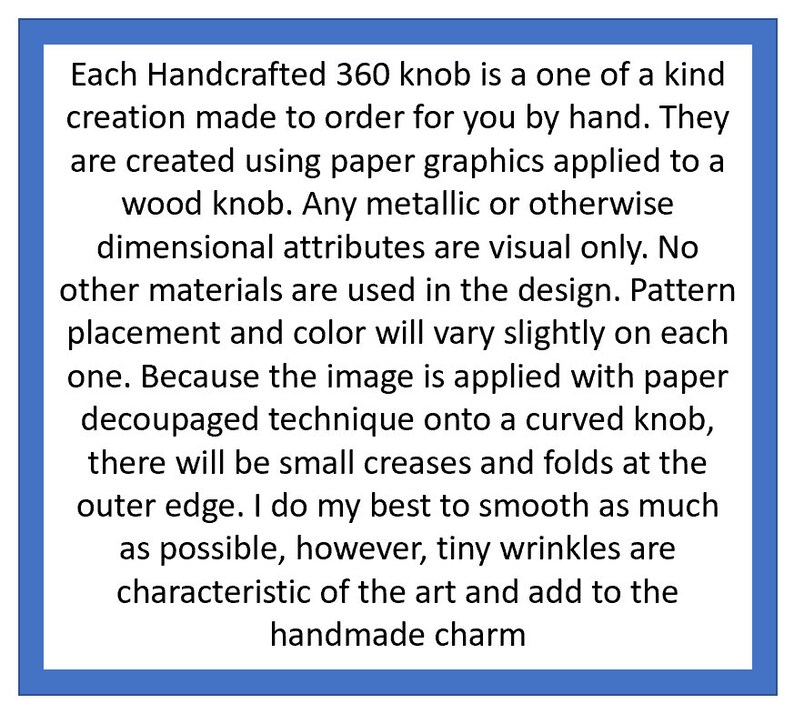 May include: A square informational graphic with a blue border containing black text on a white background. The text explains that each handcrafted 360 knob is made to order using paper graphics applied to a wood knob with a decoupage technique.
