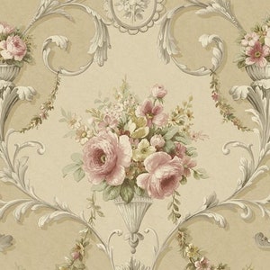 Victorian Rose Floral Cameo Wallpaper – Antique Farmhouse Cottage Botanical, Large Vintage Shabby Chic Flower Bouquet –By The Yard IM36424so