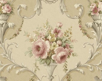 Vintage Victorian Rose Bouquet Wallpaper – Antique Shabby Chic, Country Cottage Floral, Acanthus Wedding Scroll - 12"x9" Sample IM36424so