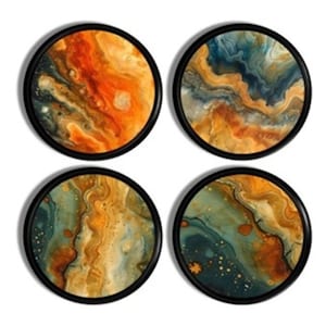 Colorful Fluid Art Cabinet Drawer Pull Handles, Textural Organic Look Knobs, Warm Orange Gold Marbled with Moody Blue Gray Swirl 325A2 #2 .