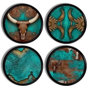 May include: Set of four round coasters with black edges. Each coaster features a different design with a turquoise background. Designs include a bull skull, floral patterns, and cowhide textures, all in brown and tan.