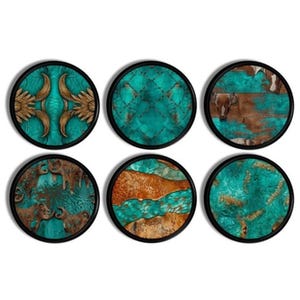 May include: A set of six circular coasters with black borders. Each coaster displays a unique design in shades of turquoise, brown, and gold. The designs feature abstract patterns and textures, creating a rustic and artistic aesthetic.