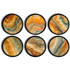 May include: Six round coasters with a black border. The coasters feature a swirling pattern of orange, brown, and teal, resembling natural stone or marble. The coasters are arranged in two rows of three.