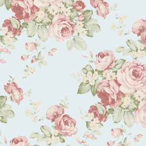Soft Faded Cabbage Rose Wallpaper, Pale Blue Shabby Garden, Large Weathered Pink Floral, Vintage Cottage Laundry - 12&quot;x9&quot; Sample AB27615so