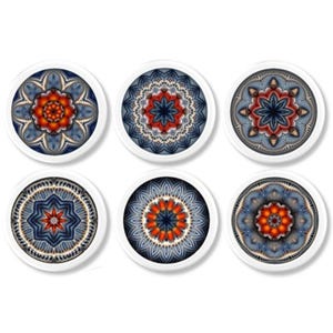 Blue Mandala Cabinet Knobs, Colorful Boho Dresser Drawer Pulls, Orange Starburst Kaleidoscope Design, Unique Furniture Hardware 816J1 .