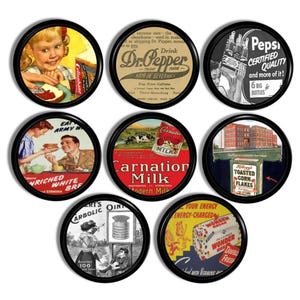 May include: Nine vintage round advertising signs with black frames. The signs feature various products, including Dr. Pepper, Pepsi, Carnation Milk, Wonder Bread, Toasted Corn Flakes, Enriched White Bread, and Carbolic Ointment.