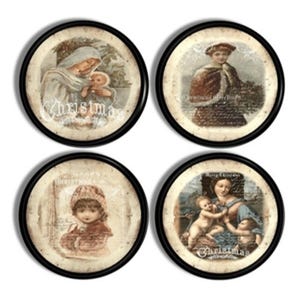Vintage Victorian Christmas Cabinet Knobs • Antique Holiday Greeting Art Hardware • Nostalgic Winter Drawer Pulls • 4pc Set • 815O29 #1 .