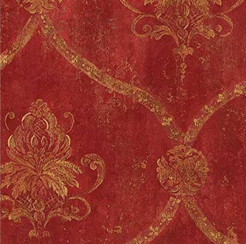 Vintage Red Gold Trellis Damask Wallpaper Distressed Texture, Weathered Wall Decor, Antique Handpainted Victorian 12x9 Sample CH22565so image 1