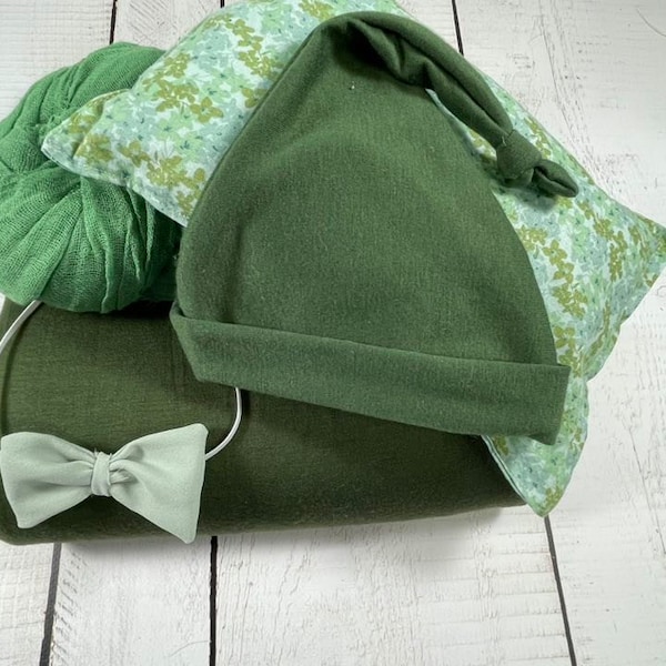 Woodland 5 Piece Bundle, soft pillow, newborn layering, sleepy hat, newborn photo props, baby headband, cheesecloth wrap, green backdrop