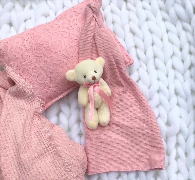 Pink Textured 5 piece Set,newborn layers,newborn photo prop,baby girl layering,teddy bear,waffle knit wrap,newborn pillow bump blanket