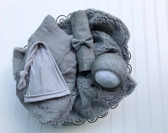 Gray 6 piece Layering Bundle,textured wraps,knotted hat,newborn photo props,faux llama fur,bow tie,rustic wrap baby prop,gray layer bundle