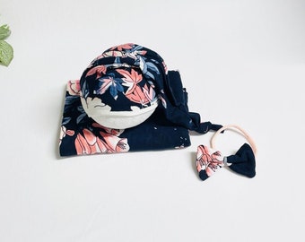 Floral Posing Set, newborn photo prop, stretch wrap and matching knotty hat, dainty bow headband, soft smooth fabric, newborn floral set