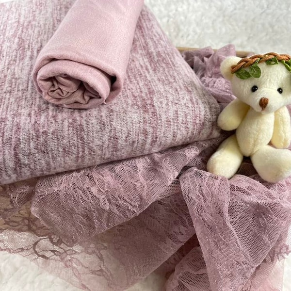 Pale mauve layering set, backdrop fabric, newborn photo props, stretch wraps, baby layer, baby girl gift, teddy bear prop , lace layering,