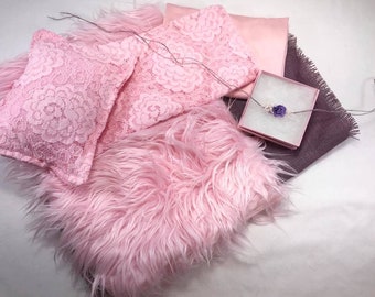 Newborn layering, pink posing set,stretch jersey wrap, pink faux fur, newborn photo prop, lace pillow, lace layering, dainty tie back