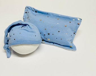 Newborn Blue Star layering set, blue & gold hypoallergenic pillow,  newborn knotty hat, newborn photo props, newborn posing, baby boy layer