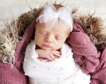 Pearl edged wrap and headband, white-blue-mint-tulle-headband, newborn photo props, muslin wrap with pearls, pearl edged wraps for newborn